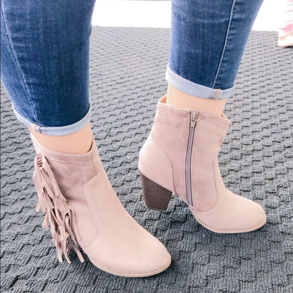 ladies taupe low heels booties with side fringe